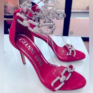 Gianni Bini Vivvia Red Suede Rhinestone Chain Detail Dress Sandals SZ 9